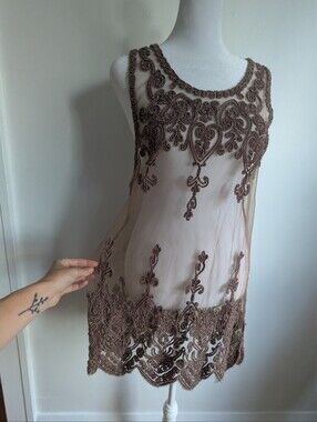 Y2K Witchy Silk Sheer Brown Crochet Lace Tunic Top Dress Coverup M Romantic